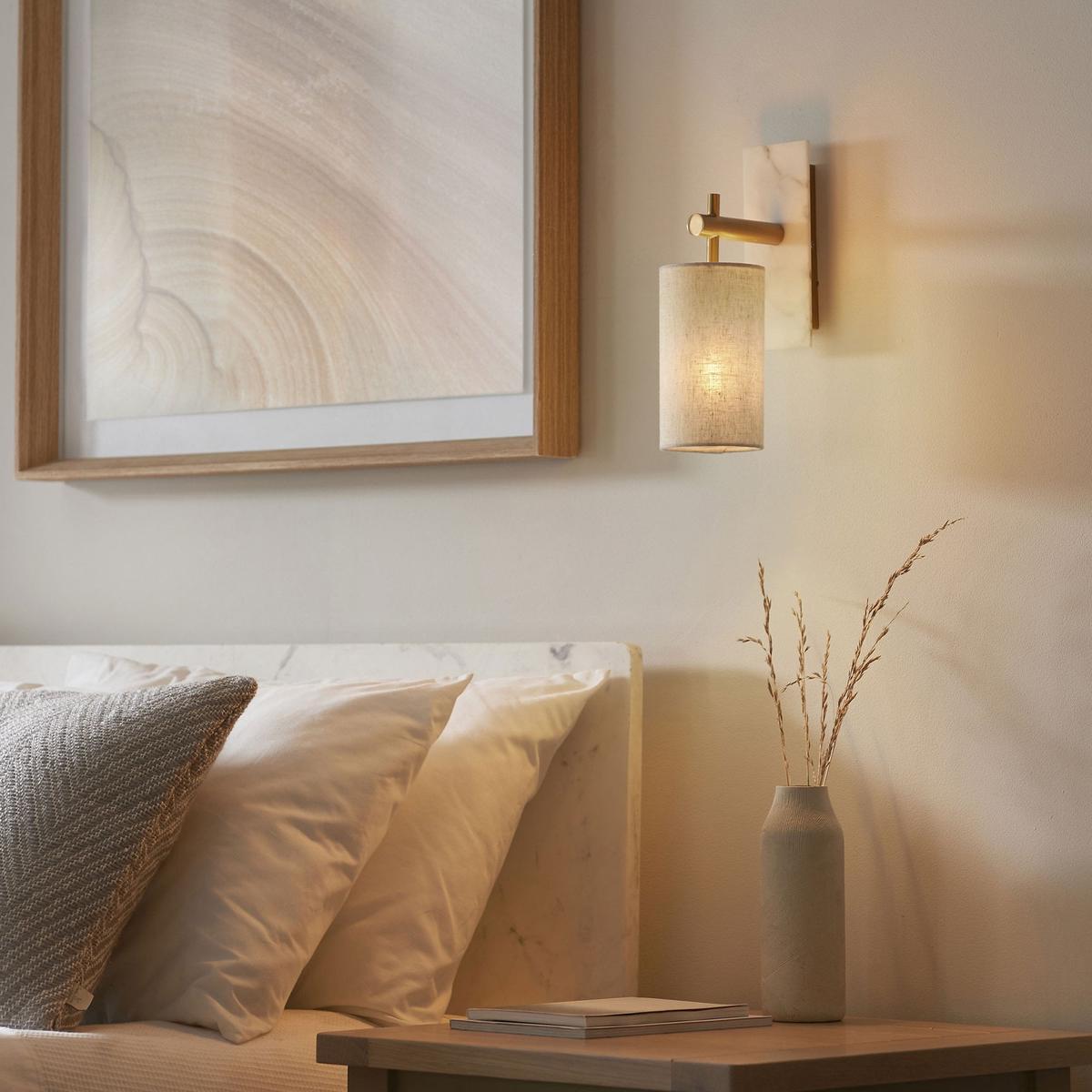 Meden Wall Light in Vintage Brass & White Marble with Cylindrical Fabric Shade