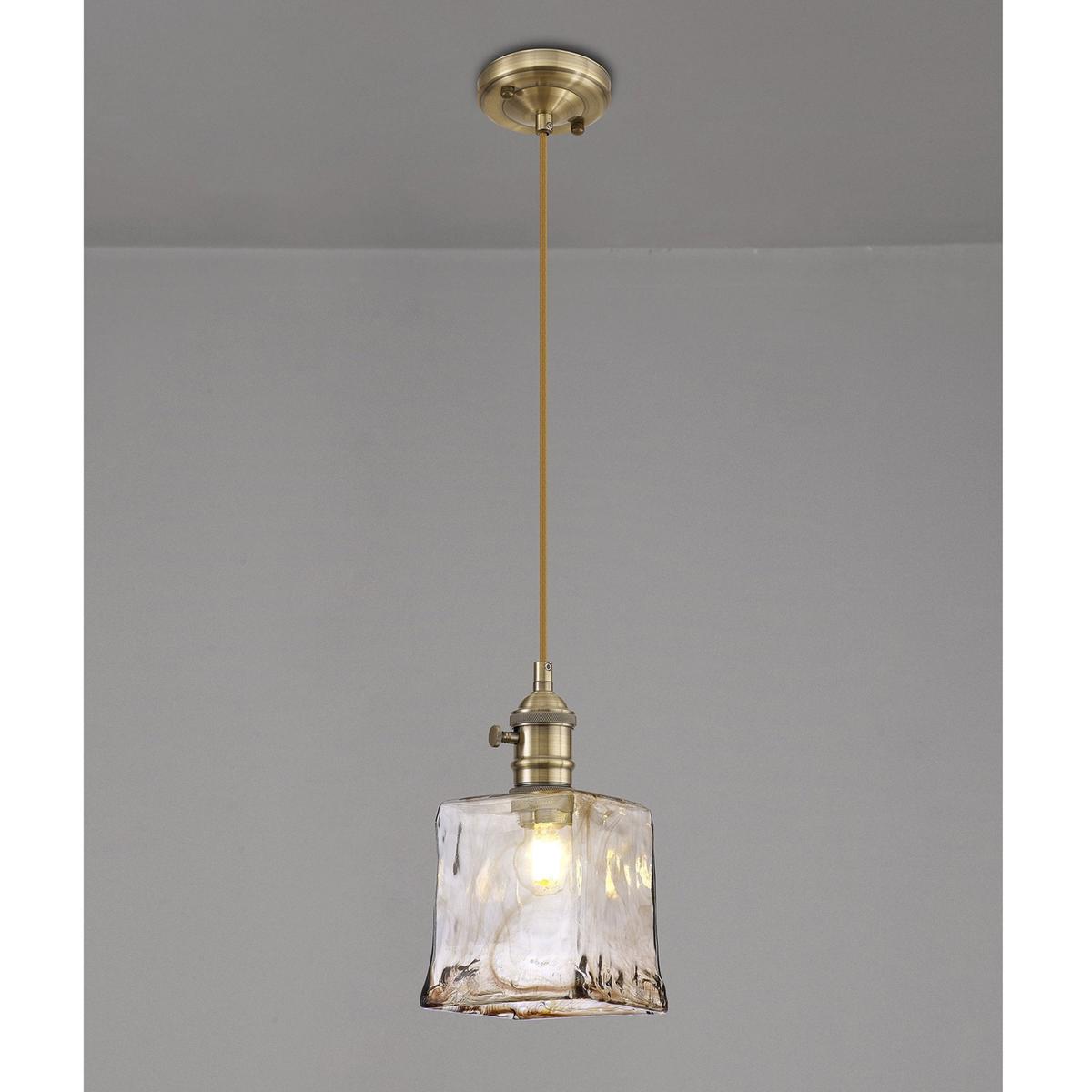 Worlington Switched Pendant in Antique Brass with Golden Brown Cable & Brown Square Glass