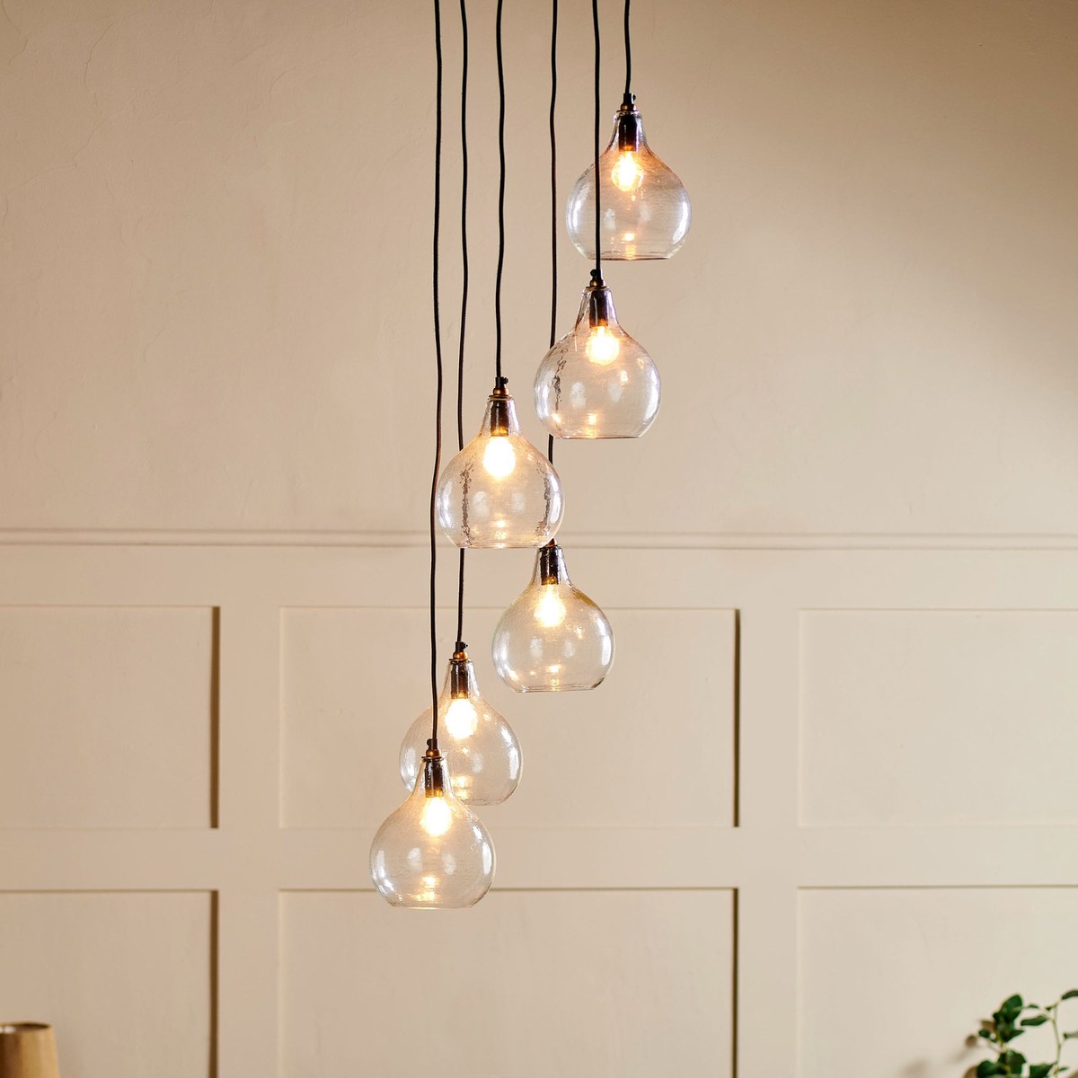 Ziva Statement Six Drop Recycled Glass Cluster Pendant in Aged Brass with Clear Glass Shades