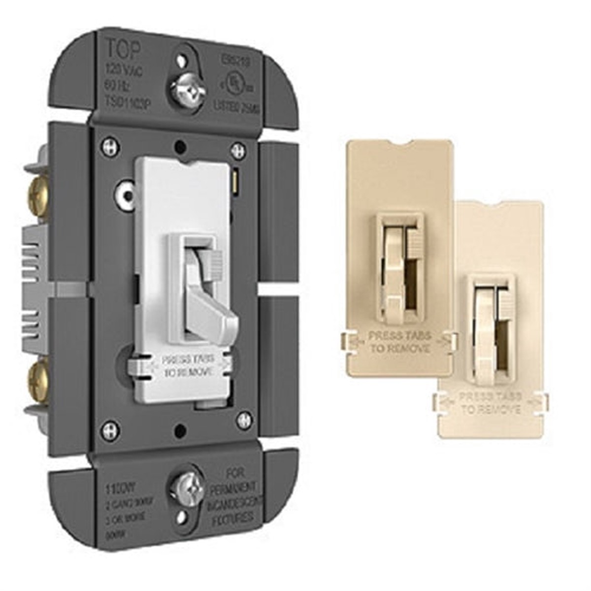 Wattstopper TradeMaster SSL7A-Compliant Toggle Slide Dimmer, 250W, LED/CFL/Incandescent, Single Pole/3-Way, Tri-Color, TSDSSL7APTC
